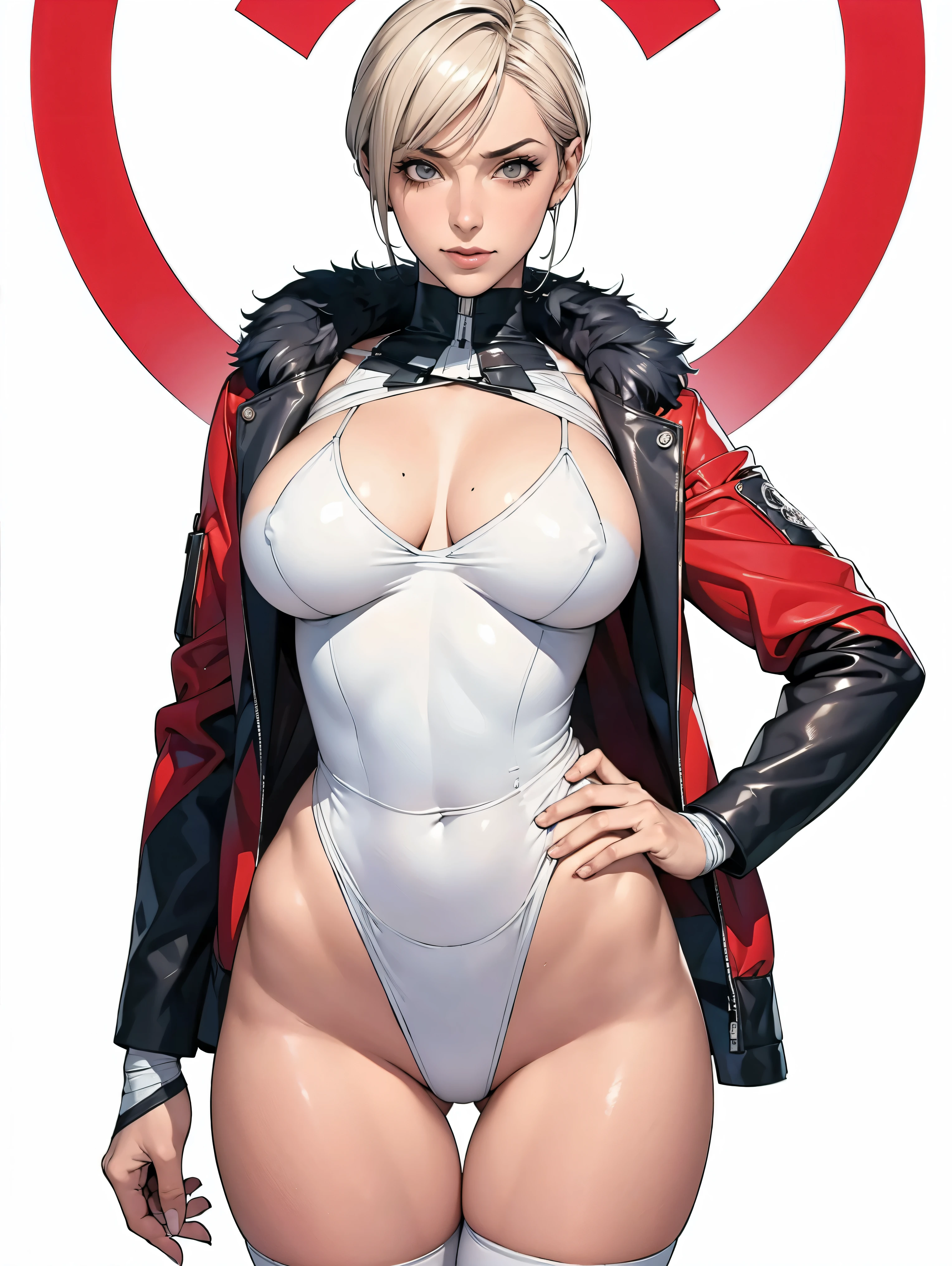 (((Annie Lennox))), (((colorful suit))), (scars), (((bandaged arms))), (((colorful clothes))) (( hood)), (((best quality: 1.4))), (Unbeatable masterpiece), (hyper HD),(CG 8k hyper-realistic), beautiful face, (((breasts big))), (((hyper feminine))), sexly girl, ((round face)), black tattoo,(ultra short red hair with white highlights)), ((( sculptural body ))), (((1 Kizi))), Kizi tatuada de 25 anos com perfect body, perfect hands, perfect fingers ,Beautiful and well-groomed face, (round face), muscular body:1.2,solid color detailed jacket, (Head to thigh photos), Complex equipment, ,Tight clothes,With white stars and off-white stripes,,,,,Armor Metal Electronic Parts, Poison tattoos ) INFO, Kizi, (((standing alone))), , 24歳, sexy, pose de attitude, work of art, dancing, ((slight smile)), post-apocalypse, (((manga style))), bounty hunter, the way you want, perfect body, roupa moderna, advanced technology, white, yellow accent, black, red accent, fur collar jacket, sleeves with vertical striped pattern, background city, (( cowboy shot )). intricate visual, narrow waist, (((wide hips))), wide hips, fit thighs, (((thigh gap))), Thigh gap, background shows a futuristic airplane, open expression, expression happy