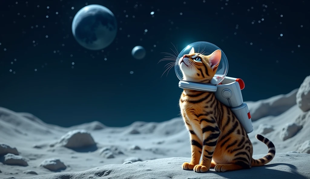 Cat looking up at the stars,Bengal cat,Wearing a space suit hat,Cat on the lower right,The ground is full of craters,On the Moon。Note that the cat's whiskers are shorter