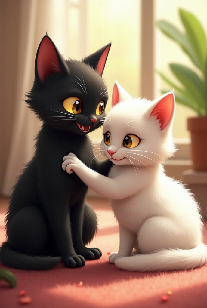 Male black cat pats female white cat's butt