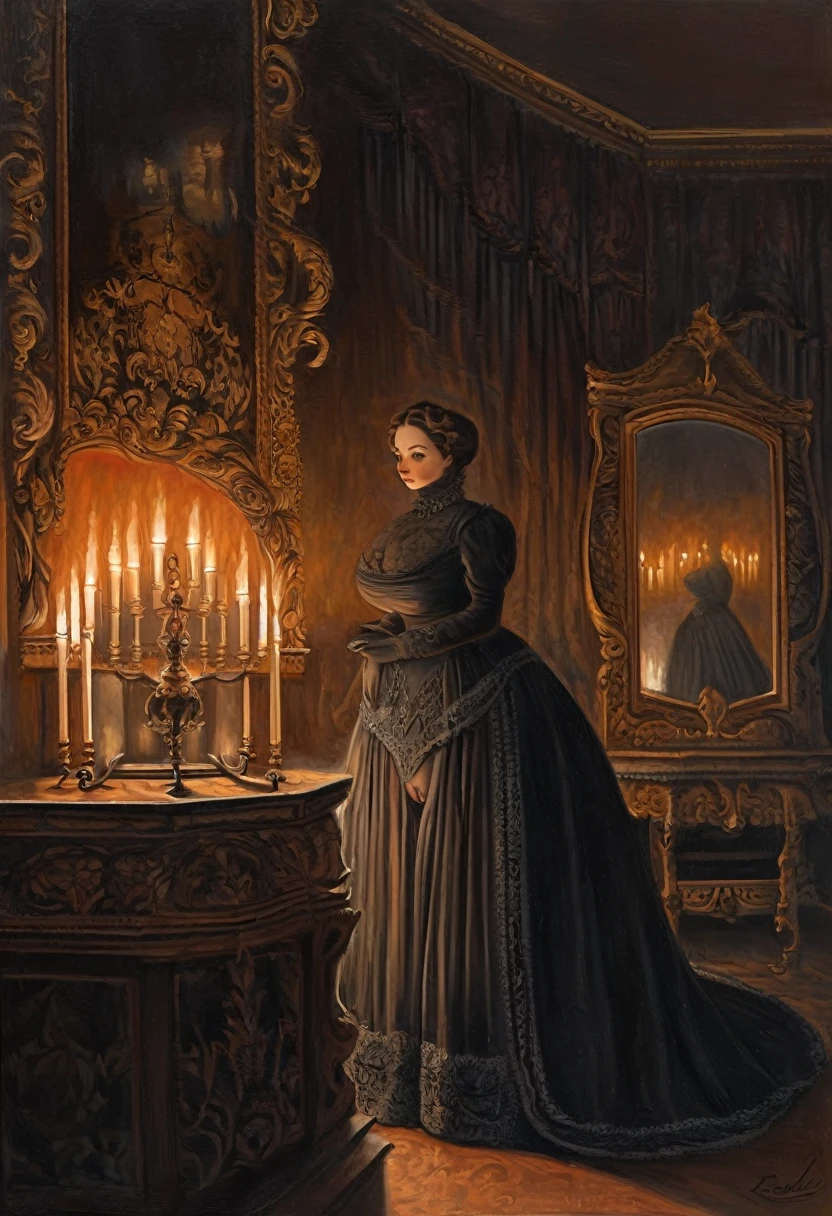 A dark and atmospheric oil painting featuring a stunning Victorian-era woman. She wears an elaborate, high-necked gown adorned with lace and intricate embroidery. Her expression is mysterious, with beautiful eyes that hint at hidden secrets. The setting is a dimly lit, gothic interior, with heavy velvet drapes, a grand fireplace, and an ornate, antique mirror reflecting the flickering light of a candelabrum. Shadows loom in the corners, and the air seems thick with an otherworldly presence, giving the scene an occult and eerie feel. ((Revelating Big boobs)), ((visble pussy)), (((visible anus))) 