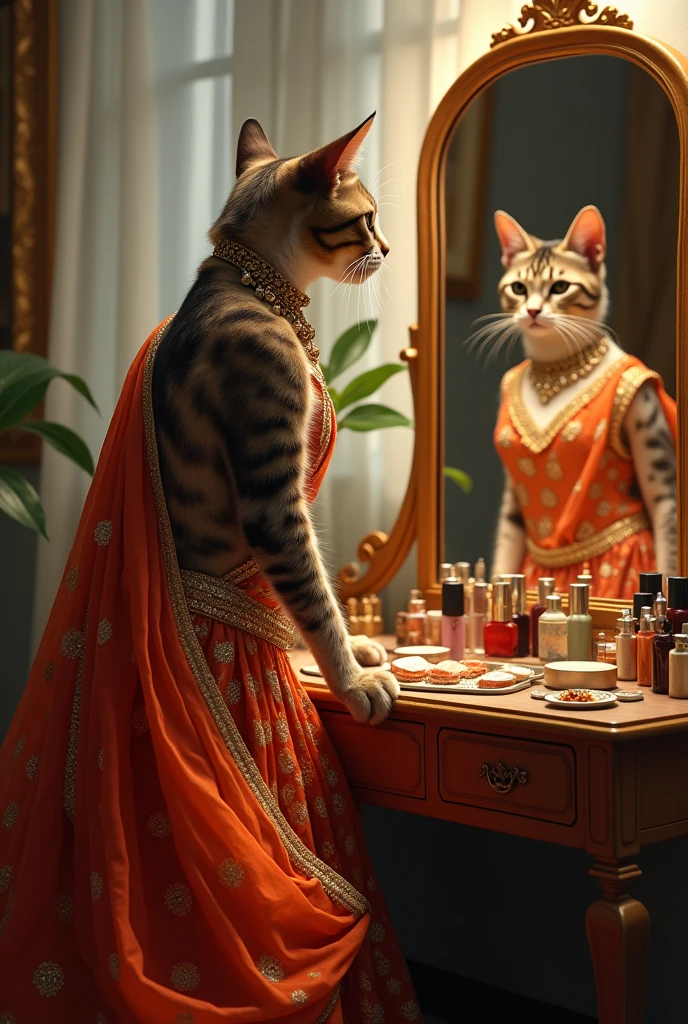 Ek beautiful cat jisne lehnga pehna h or jewelry b pehni or wo h apne aap ko dressing me dekh rhi h seen dressing table samne h or cat dekh rhi h