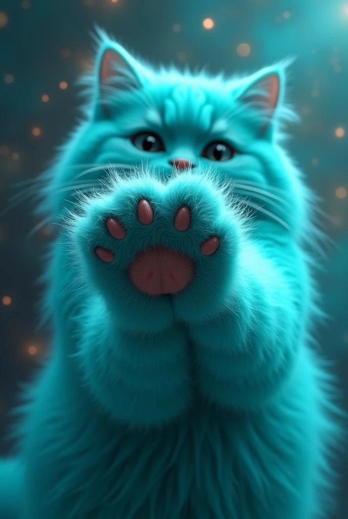 create a turquoise cat, realisitic, fluffly, he has his paw in front, leaning on the image, the paw is in front, zoom na pata, the paw touches the camera lens, super zoom na pata,  the paw is touching the glass, the paw leans against the window, the cat&#39;s face is blurred, the cat is behind, blurred in the background, nblurry background, gato fluffly, glad, super realisitic, high realism,  the background is turquoise galaxy