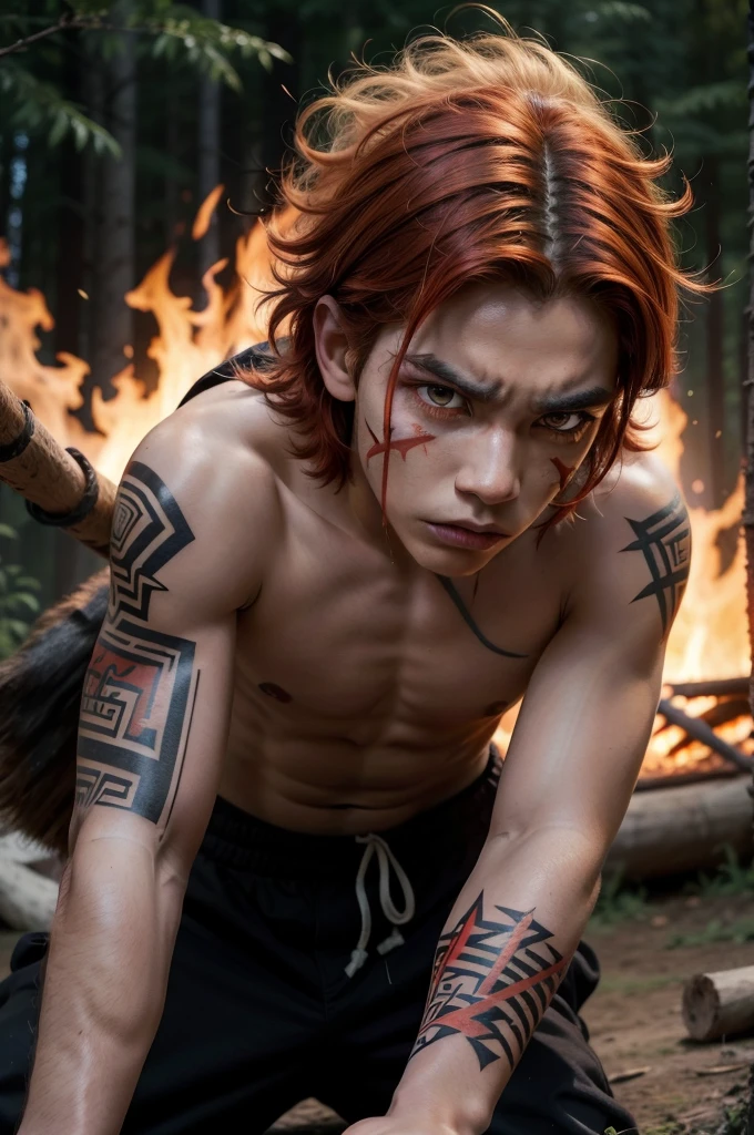 Boy, , hair on fire, indigenous, bow and arrow, forest, Red eyes, Fire, Red hair, Indigenous, brown skin, fiery eyes, angry face, Tribal tattoos, black, Deformed face, eyes of fire,
