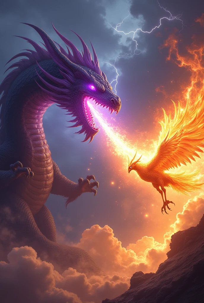 A dragon of darkness launching an impressive attack of purple fire from its mouth towards a phoenix of golden flames 
