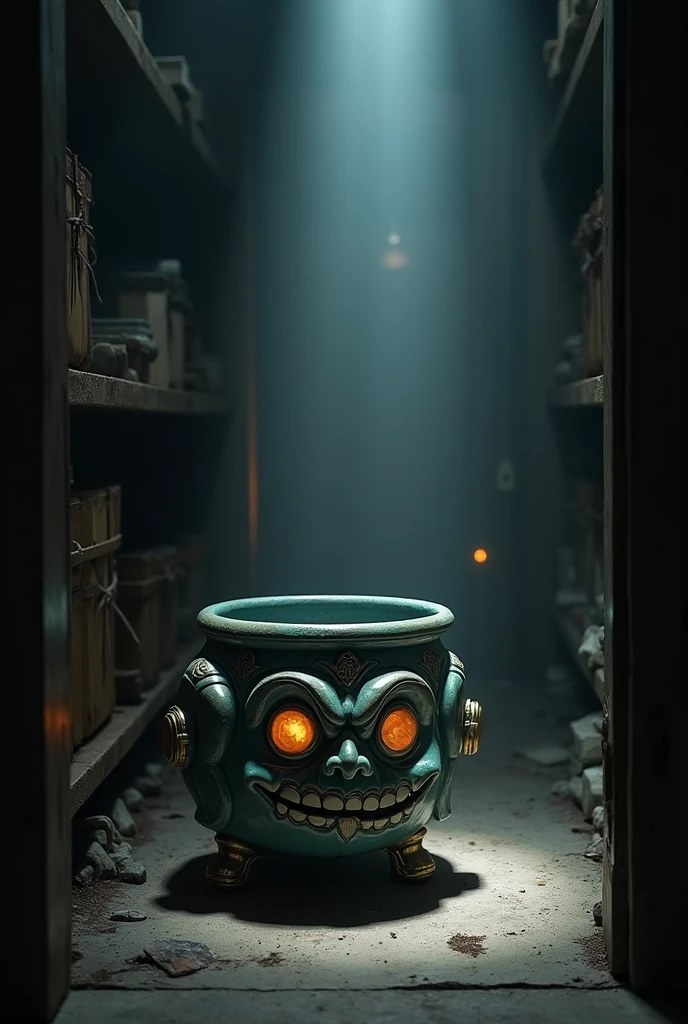 the pot of greed from yu-gi-oh made out of ceramic, hyper realistic, placed in a dark storeroom with only a slither of light shines in through the door's crack, the face of the pot can be seen clearly with to the light shining on it, most of the room remains dark despite the slither of light