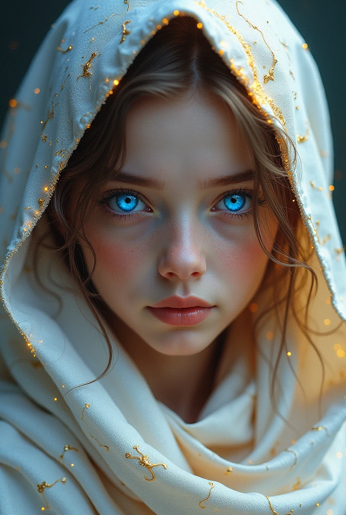 (masterpiece, top quality, Best Quality, official art, beautiful and aesthetic:1.2), (1 girl), extremely detailed blue eyes, (fractal art:1.3), rich and colorful, the most detailed, (perfect face), shiny skin, HdR, (white cloak with golden lines:1.2), Galaxy, (light stripes), striking images, (dynamic stripes, luminous trails:1.2), vibrant colors, (phoenix), (Dragon)