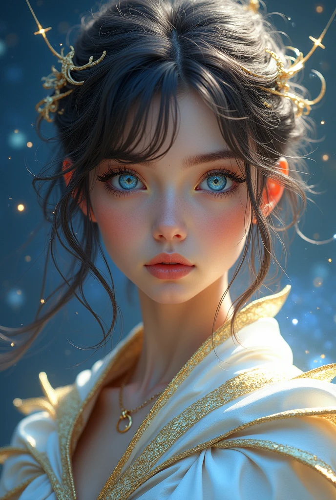 (masterpiece, top quality, Best Quality, official art, beautiful and aesthetic:1.2), (1 girl), extremely detailed blue eyes, (fractal art:1.3), rich and colorful, the most detailed, (perfect face), shiny skin, HdR, (white cloak with golden lines:1.2), Galaxy, (light stripes), striking images, (dynamic stripes, luminous trails:1.2), vibrant colors, (phoenix), (Dragon)