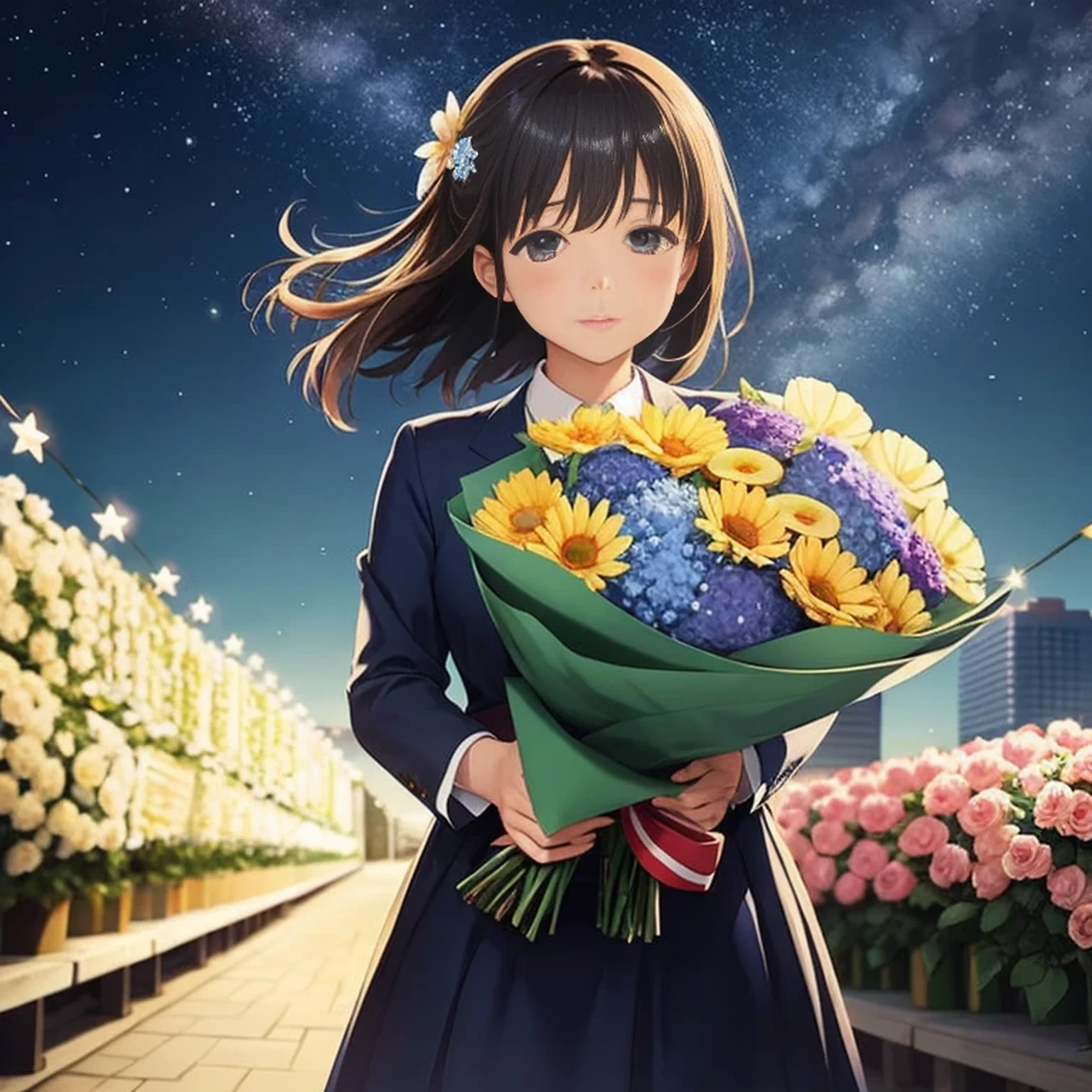 Under the star-filled sky、A bouquet of flowers blooms from the girl&#39;s hands。
