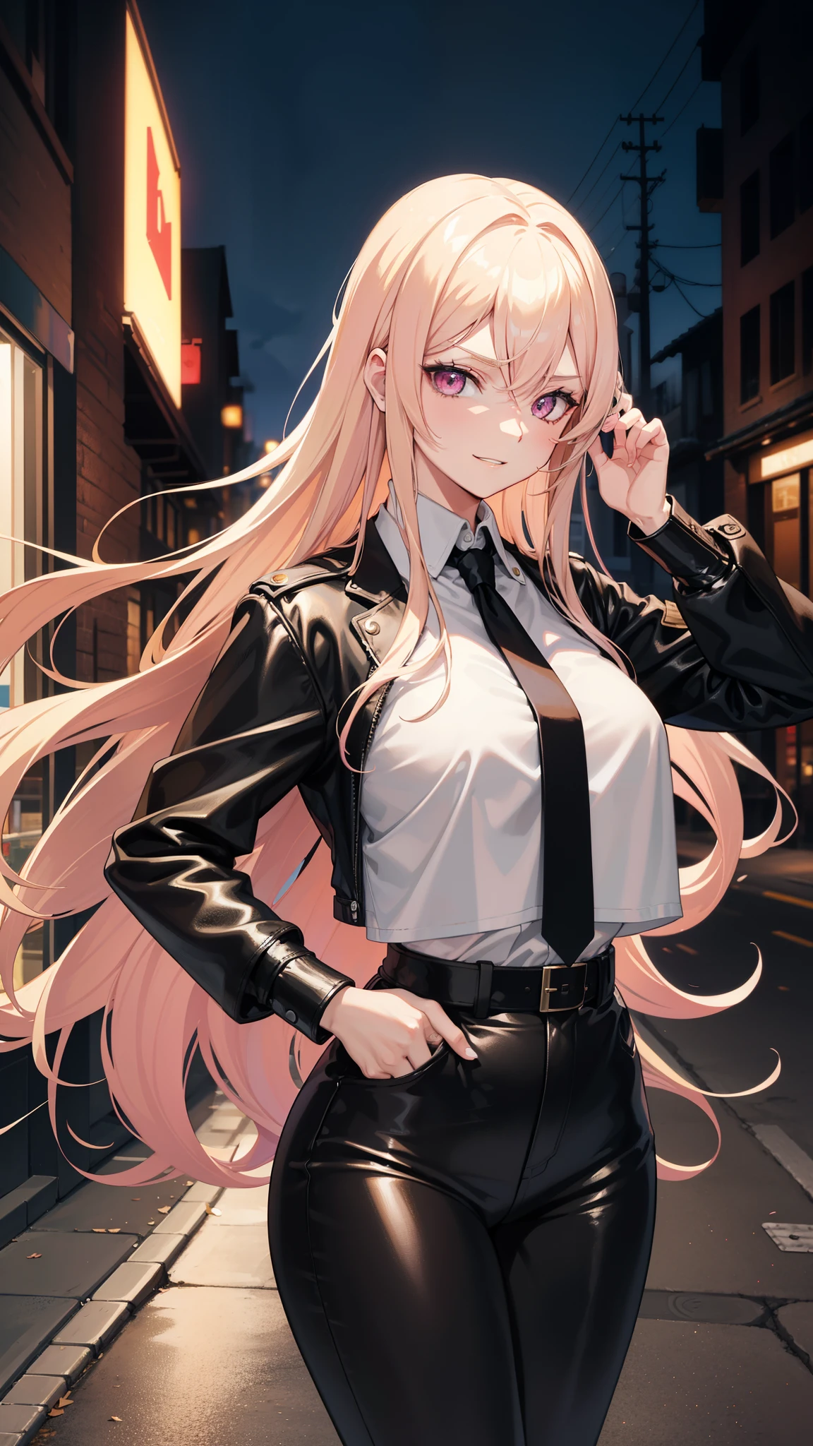One adult woman, pink eyes, long blonde hair, black leather, smirk, street night