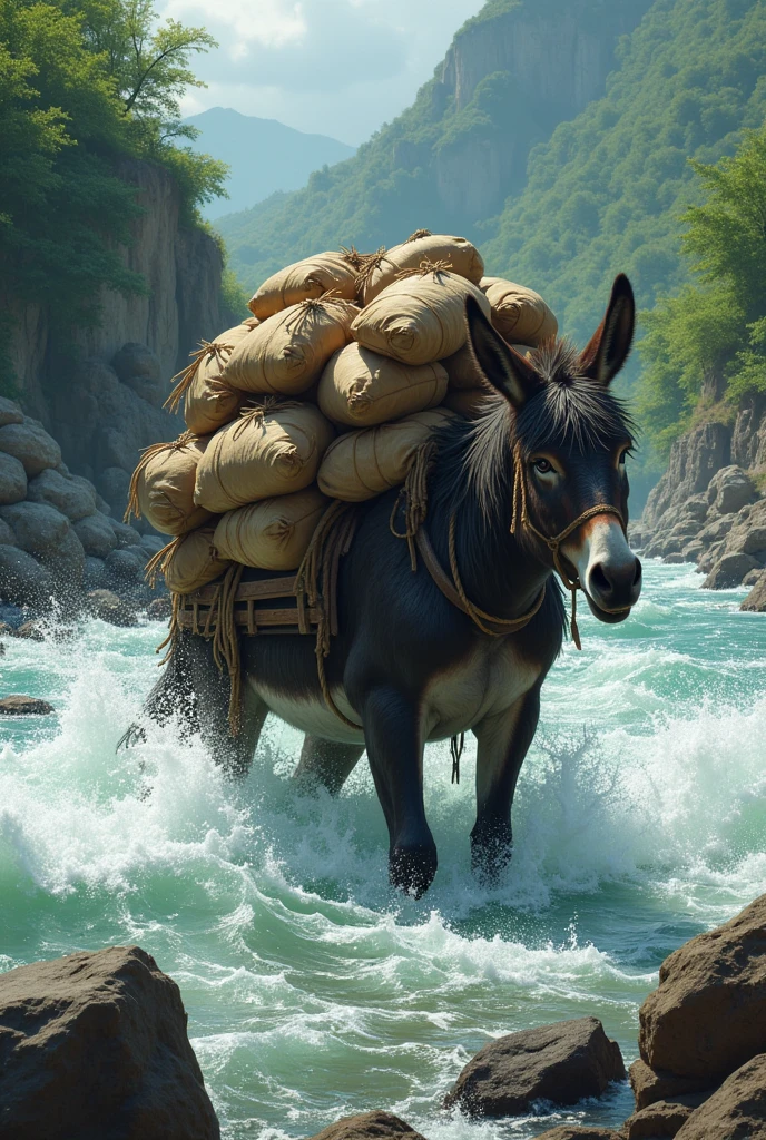 A donkey with many sacks on its back is crossing the river and stumbles and drowns in the water