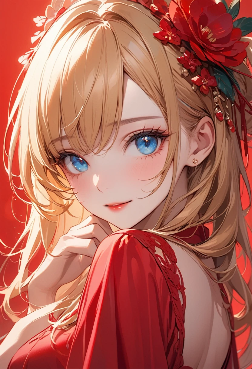 (Red Theme art),(Highest quality),(masterpiece),(1 Cheerful Girl),(alone),Delicately painted face,Girl with a beautiful face,Beautiful detailed clear blue eye,(Beautiful detailed golden hair),Sticking out one's tongue,Bright atmosphere,Beautiful detailed red fashion,((Red costume)),(Beautiful silky golden hair:1.3),Pink Flower,Pure white skin,Beautiful artistic illustration,Red Theme,Beautiful smile,(From the side),(A mischievous child sticking out his tongue),Cowboy Shot,Bright colors,Soft gradient,pastel,Lens flare,(Glitch Art),Stained glass,Flower Garden