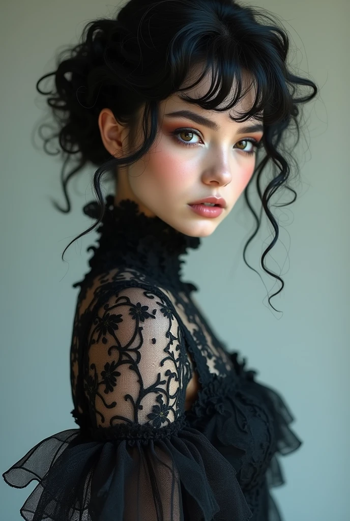curls,Eyes are very fragile,Exquisite hair color,((Black and white sheer lace dress))huge ,Too much,Large and droopy,Big song big , (((masterpiece))), ((best quality)), ((Intricate details)), ((Surrealism))(8K)