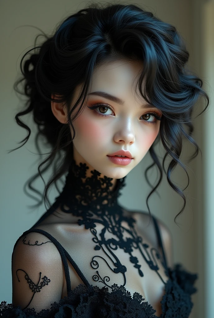 curls,Eyes are very fragile,Exquisite hair color,((Black and white sheer lace dress))huge ,Too much,Large and droopy,Big song big , (((masterpiece))), ((best quality)), ((Intricate details)), ((Surrealism))(8K)