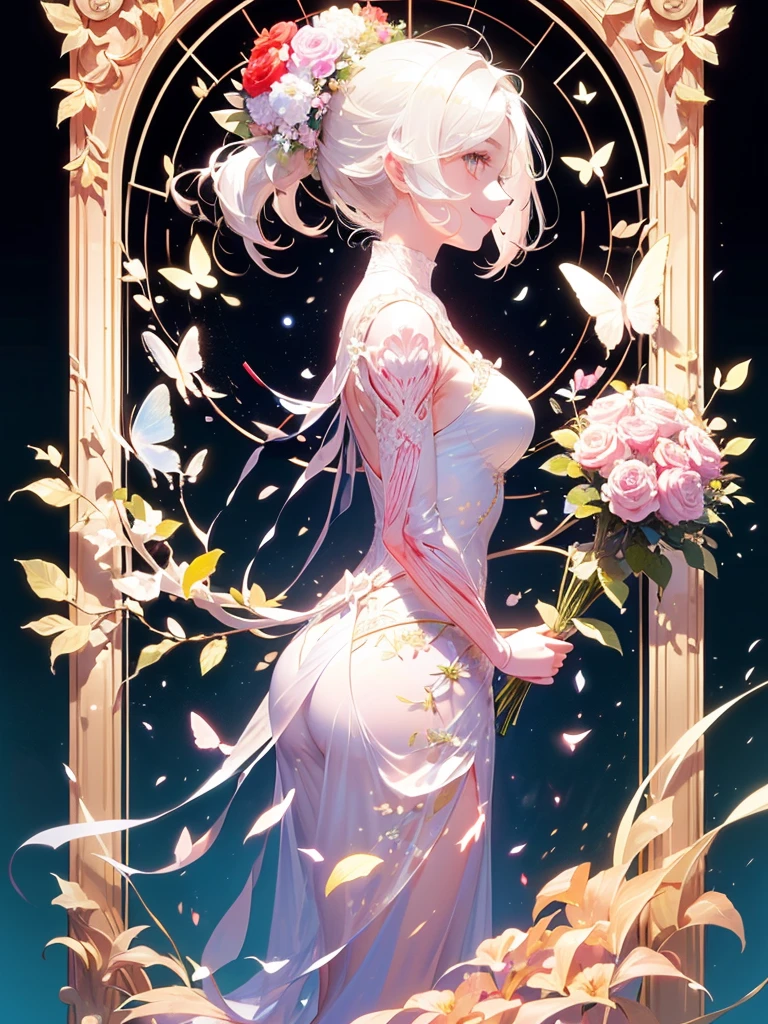 (masterpiece、Highest quality、Highest quality、Beautiful and beautiful:1.2)、(Excellent anatomy:1.5)、Milky white straight hair girl、Butterfly Fairy、Floral costume、A gentle gaze、A kind smile、A radiant smile、profile、Flowers and leaves on head、Holding a bouquet、Surrounded by lots of roses、Rose Garden