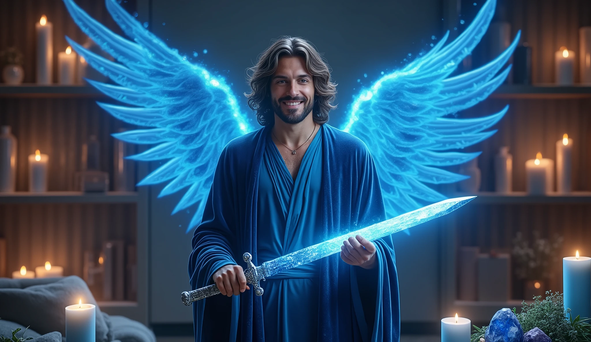 ultra realistic image of archangel michael smiling chic velvet tunic and blue cape, with his blue flame sword, in the background, living room with wooden cabinet, many blue candles lit, blue kyanite crystals, herbs and he blessing the house with blue light