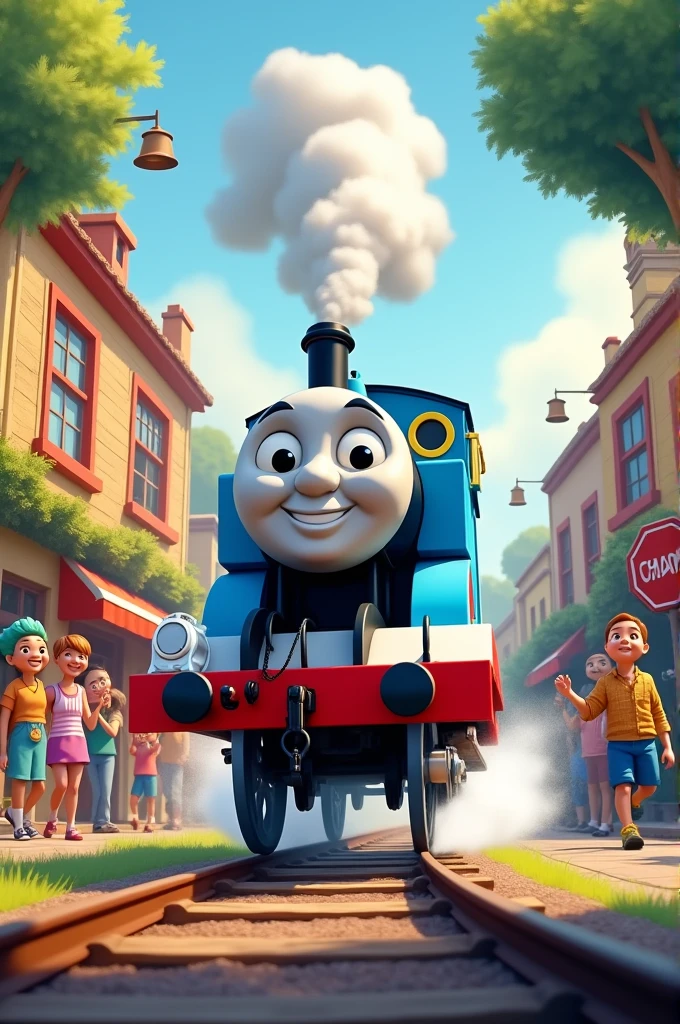 Thomas the Tank Engine runs through a happy town, hope fills his heart, Tommy my friend won&#39;t forget.
