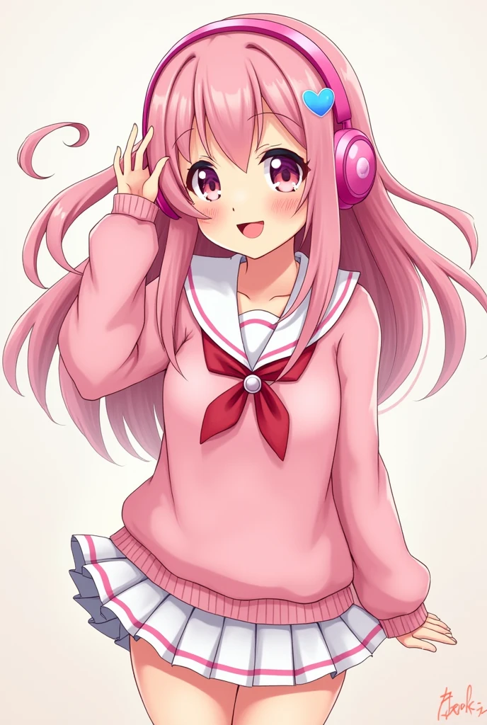 Anime girl, pink hair, pink fluffy sweater, pink headphones, sailor uniform, cute, tint skin, blushing, grinning