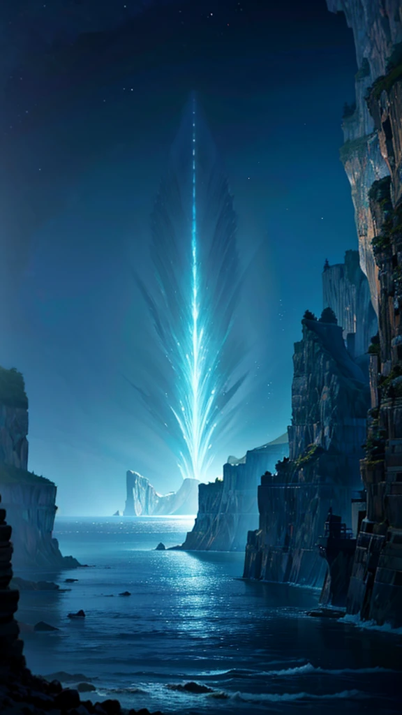 "A serene deep-sea scene in an anime style, where the water is dark but clear, with faint light coming from above. The scene features towering underwater cliffs and strange, deep-sea creatures moving slowly through the water. The atmosphere is quiet and otherworldly, with soft light illuminating the edges of the cliffs and the occasional bioluminescent glow from the creatures. The scene captures the calm, eerie beauty of the deep ocean."