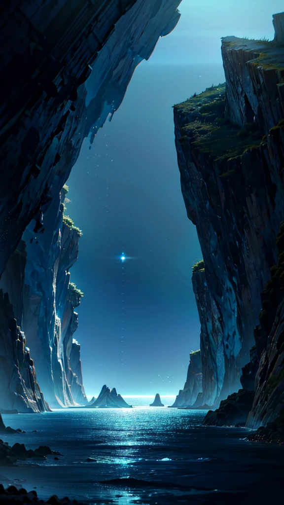 "A serene deep-sea scene in an anime style, where the water is dark but clear, with faint light coming from above. The scene features towering underwater cliffs and strange, deep-sea creatures moving slowly through the water. The atmosphere is quiet and otherworldly, with soft light illuminating the edges of the cliffs and the occasional bioluminescent glow from the creatures. The scene captures the calm, eerie beauty of the deep ocean."