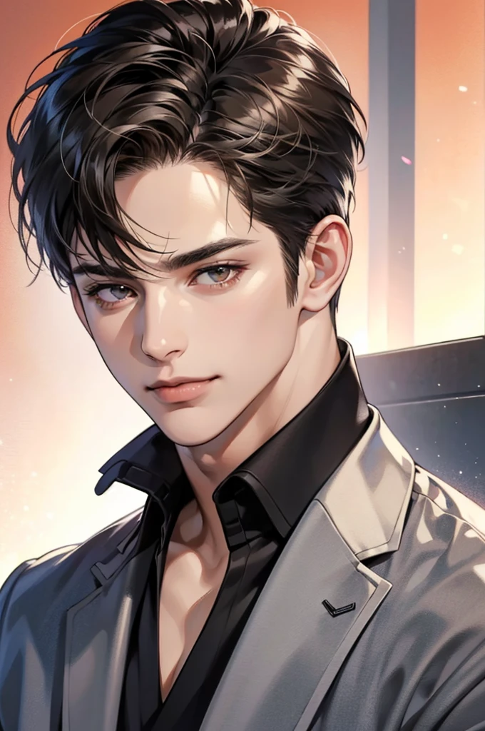 (best quality,4k,8k,highres,masterpiece:1.2),ultra-detailed,(realistic,photorealistic,photo-realistic:1.37),30 year old man,handsome anime,portraits,strong,masculine, black hair,sharp jawline,mesmerizing brown eyes,perfectly styled hair,short hair, cool anime outfit,confident expression,vibrant colors,dynamic lighting,smile lips, business suit. Half body potrait. Office hall background 