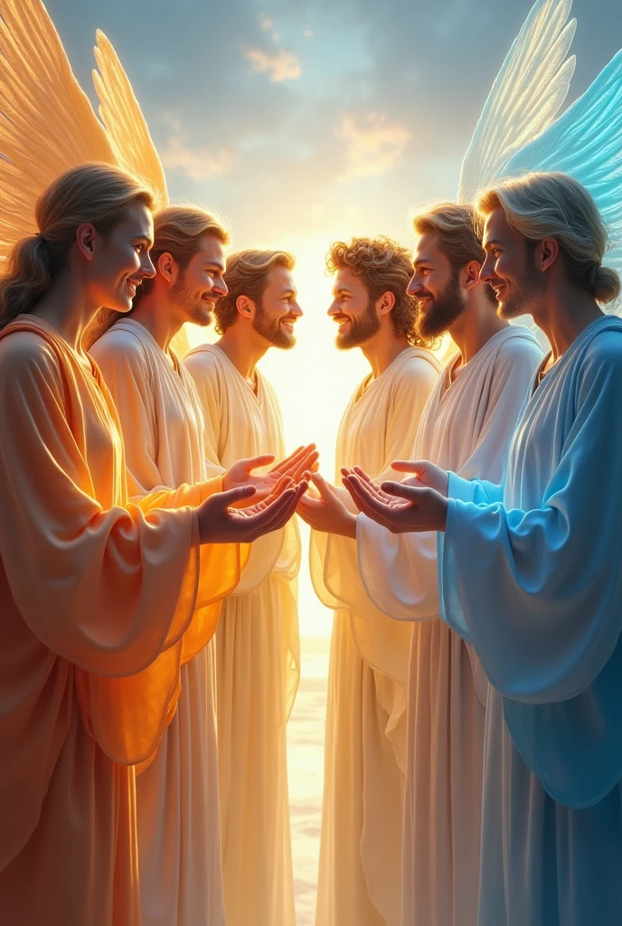 Image of the 7 archangels with male human faces each with its own color, With a slight smile and a look of overwhelming peace, protectors of the earth, 