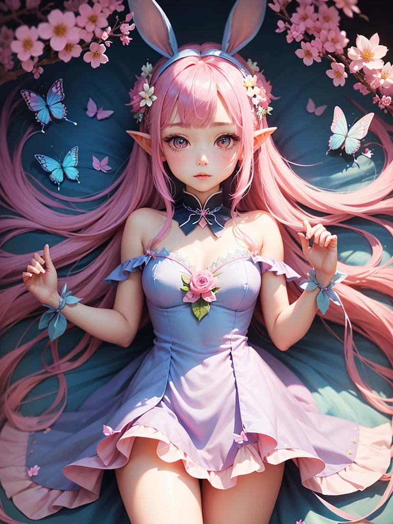 cute little Fairy, blue butterfly, pinkl hair, pink eyes, pink dress pointy ears dress made of petals leaves微笑む, Very long hair, Long pointed ears,Bunny ears, flower、leaf