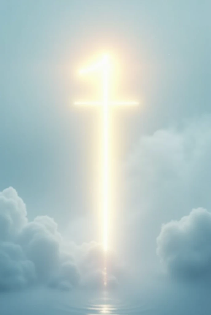 Create a simple, centered image that will be the first piece in a series. The image should highlight the number "1" stylised, with a soft halo around the number, symbolizing the beginning of a spiritual journey. Add Catholic elements like a small cross or a ray of divine light, emanating from the number "1". The background should be serene, with soft shades of sky blue and white, representing the purity and peace that begin the path. This design should be elegant and minimalist., setting the stage for the more complex images that will come in the following months.
