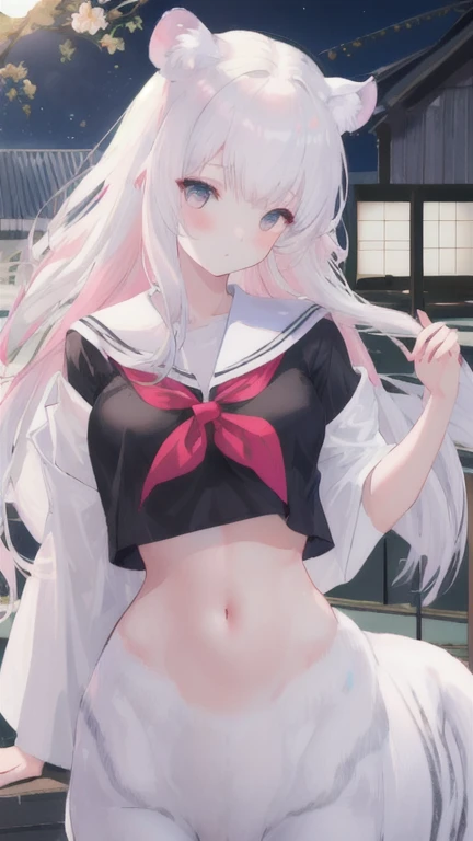 (best quality, masterpiece), 1 girl, centaur, I beg, White skin, Japanese schoolgirl, black pink, exposing the abdomen, belly button t-shirt , Beautiful girl perfect white tiger photo, perfect white tiger photo