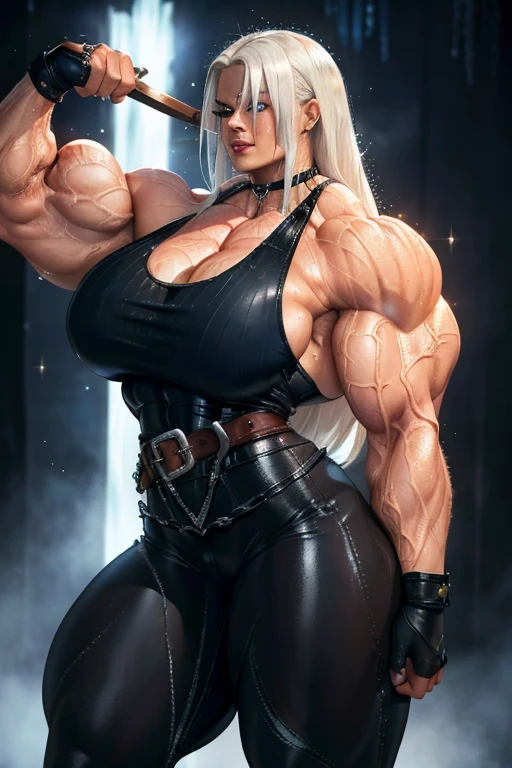 ((Close-up)), tall, ((wet White hair)) beautiful muscular woman, long straight hair, (sparkly sweating brown skinned), closed smile, huge breast, (black lipstick), (massive muscles), (hyper muscle), (((ginormous bulky muscles))), ((glowing blue eyes)), ((black leather tank top)), (((black leather pants with belt))), fingerless gloves, ((flexing biceps)), choker, in a dark waterfall