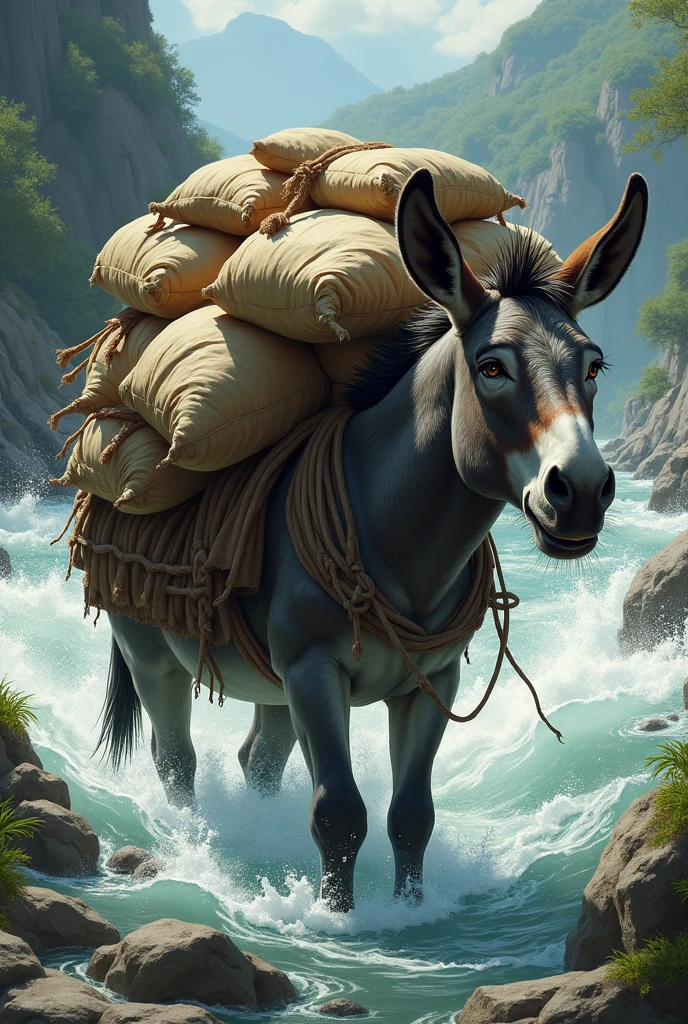 A donkey with many sacks on its back is crossing the river and stumbles and drowns in the water