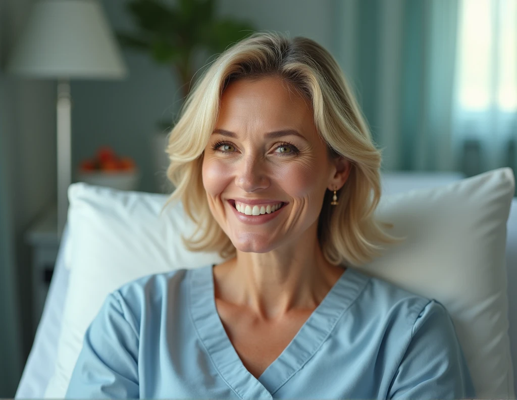 A captivating Caucasian woman with a radiant complexion and natural smile, aged 40. she has a few wrinkles and brown eyes. she's blonde, her cropped hair framing her heart-shaped face. Her symmetrical eyes sparkle with warmth. she has large breasts.
Doctor, Handsome face, Stethoscope, Big hips, Sweet smile, Soft face, Hospital, Sitting on bed
Soft ambient lighting accentuates the texture of her flawless skin, reminiscent of Sandra Bullock's porcelain doll features.