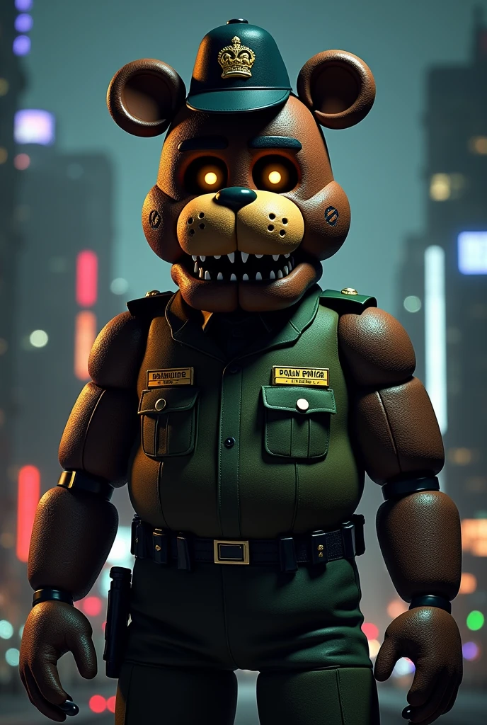 Give me an image of FNAF, but with Freddy in the São Paulo Military Police outfit, Brazil., put it on the home screen when you open the game, that is, in the menu