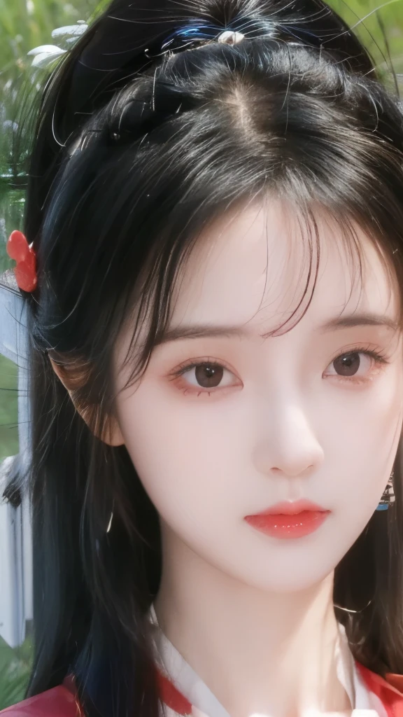 (best quality,4K,8K,high resolution,masterpiece:1.2),Extremely detailed,Practical,portrait,Girl in red Hanfu,Close-up view,Girl with hairpin,Standing on the grass,Beautiful and delicate eyes,Beautiful and delicate lips,Extremely detailed face,Long eyelashes,Lush green grass as background,Vibrant colors,Soft natural lighting.