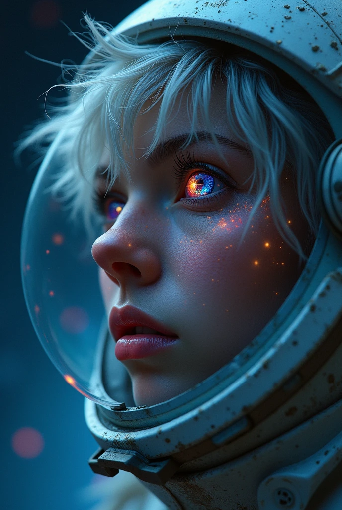 (Close-up of a better masterpiece:1.5)0.9], (Space and astronauts:1.2) (Messy silver hair:1.1) (Heterochromia xanthochromia and blue eyes:1.2) (Space Helmet:1.0) (Colored stars in the eyes:1.0) (A radiant glow:1.1) (thick lips:0.9)