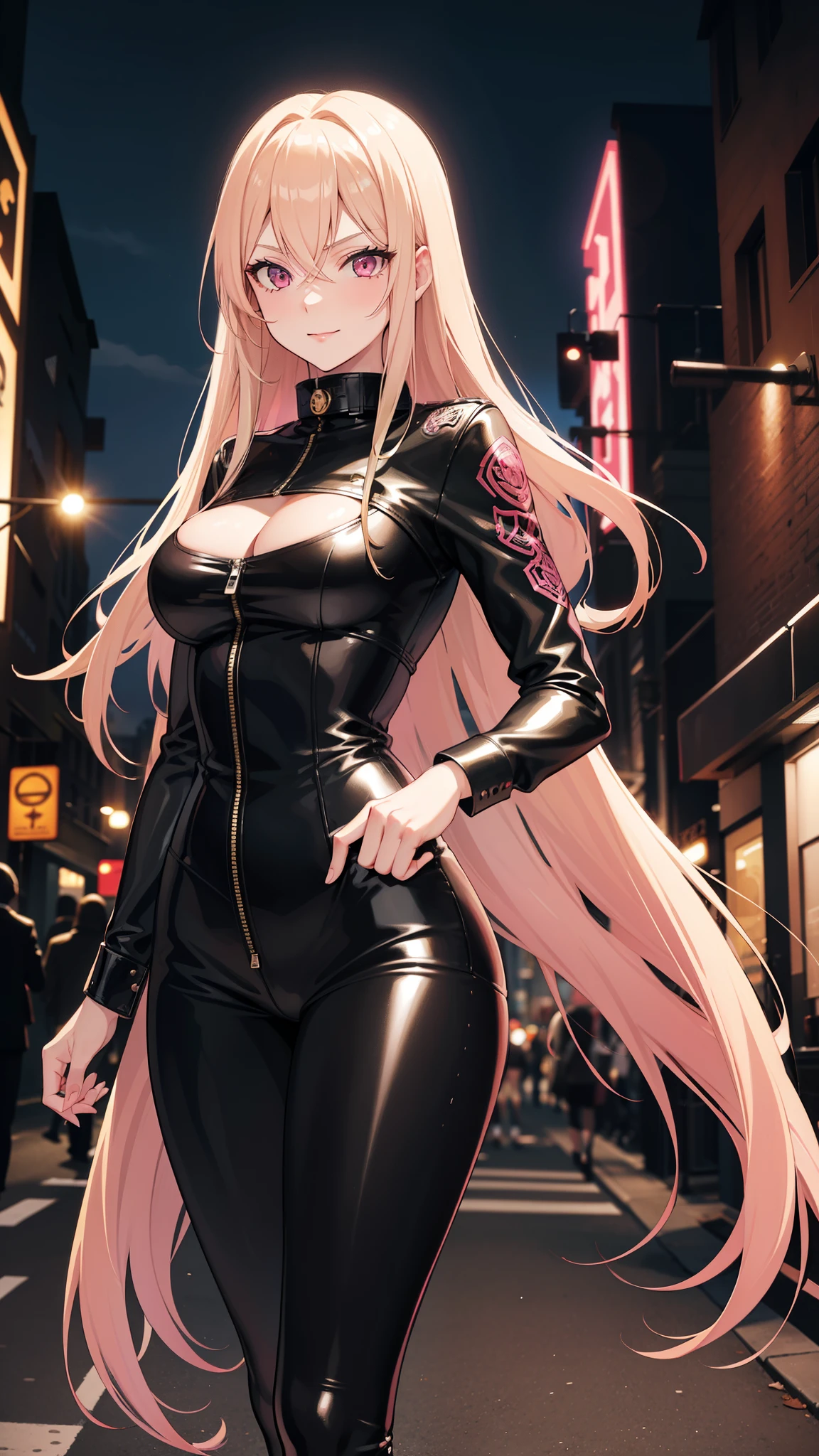 One adult woman, pink eyes, long blonde hair, black leather, smirk, street night