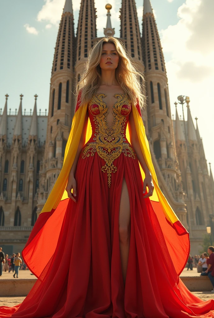 Very beautiful woman angel, Spanish flag themed costumes, Standing in front of the Sagrada Familia