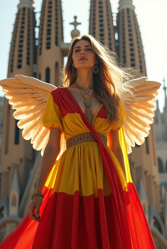 Very beautiful woman angel, Spanish flag themed costumes, Standing in front of the Sagrada Familia