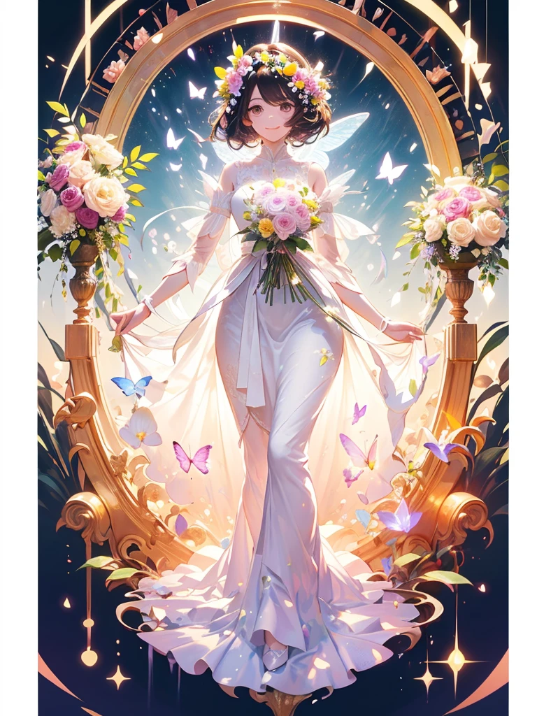 (masterpiece、Highest quality、Highest quality、Beautiful and beautiful:1.2)、(Excellent anatomy:1.5)、Milky white straight hair girl、Butterfly Fairy、Floral Costume、A radiant smile、Sparkling eyes、Looking into the camera、Flowers and leaves on the head、Holding a bouquet、Rose Garden