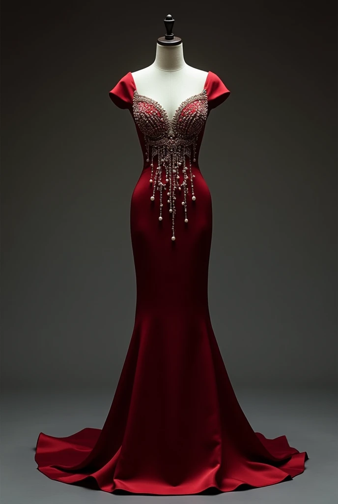 Robe rouge foncé, serre au corps mettant en valeur la silhouette féminine, la robe est longue et divine, décoré majestueusement avec des cristaux et des perles qui tombes comme du sang, la robe doit être sur un mannequin sans visage, la robe est misterieuse et dramatique, dark féminine energy, la robe est en satin, centrée au corps et elegante