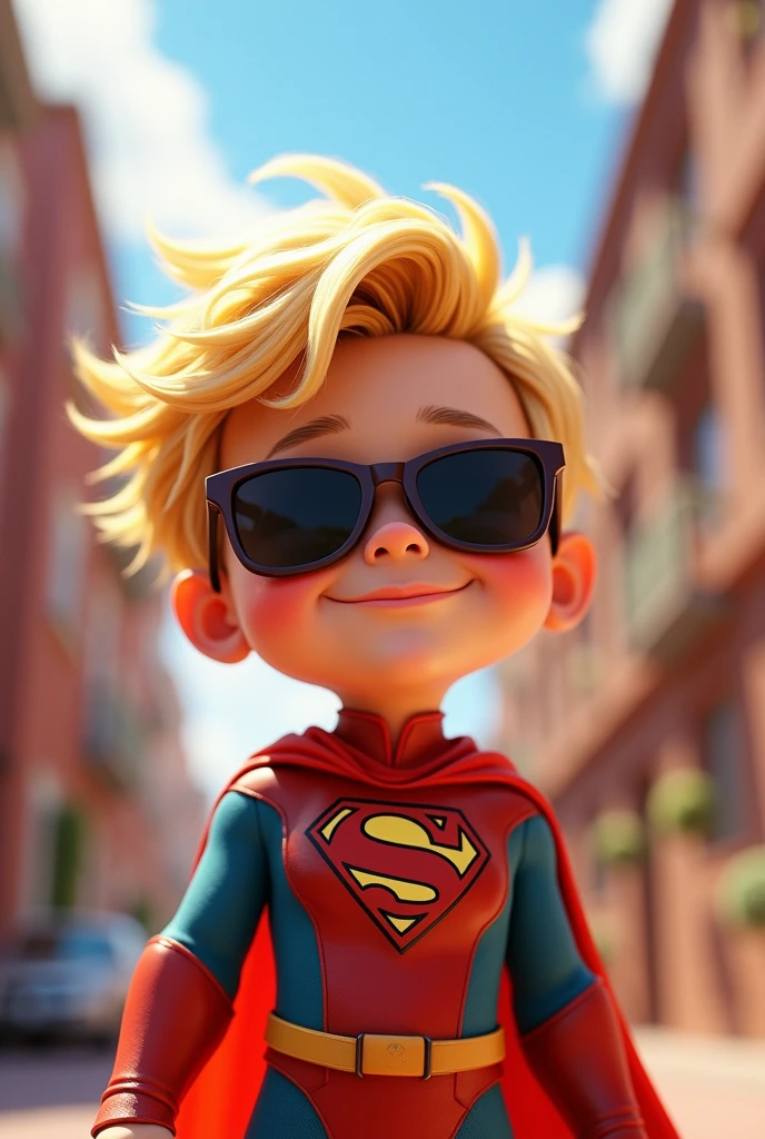 Disney style. pixar. Best quality,detailed background,Boy. blonde hair. Sunglasses. view from above. Superhero boy. Face without a mask. 

