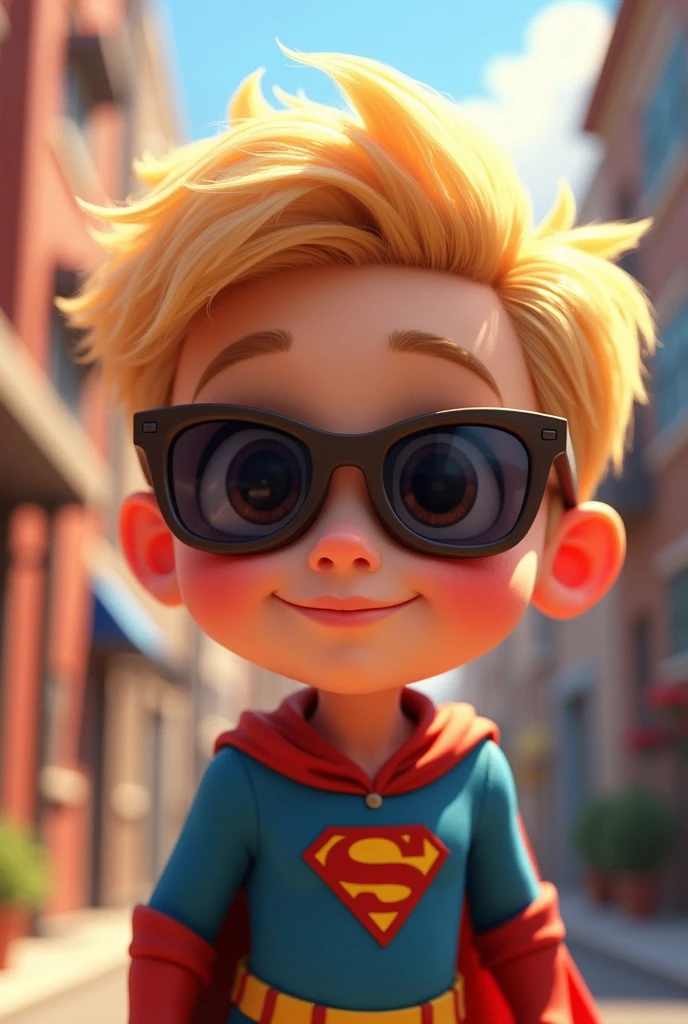 Disney style. pixar. Best quality,detailed background,Boy. blonde hair. Sunglasses. view from above. Superhero boy. Face without a mask.