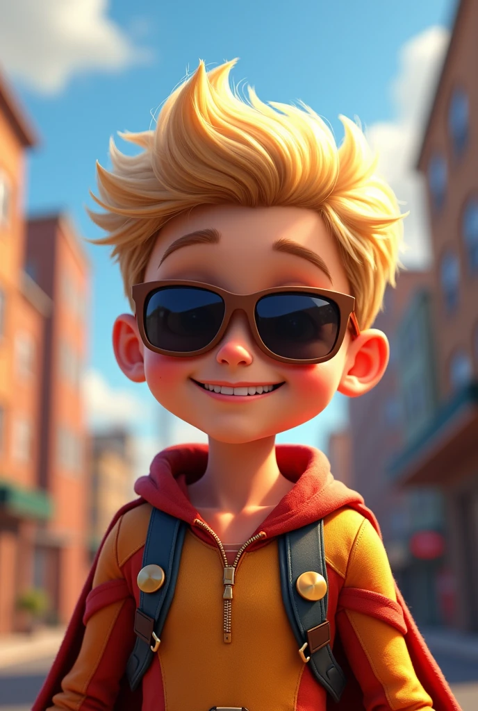 Disney style. pixar. Best quality,detailed background,Boy. blonde hair. Sunglasses. view from above. Superhero boy. Face without a mask.