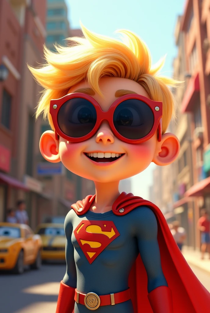 Disney style. pixar. Best quality,detailed background,Boy. blonde hair. Sunglasses. view from above. Superhero boy. Face without a mask.