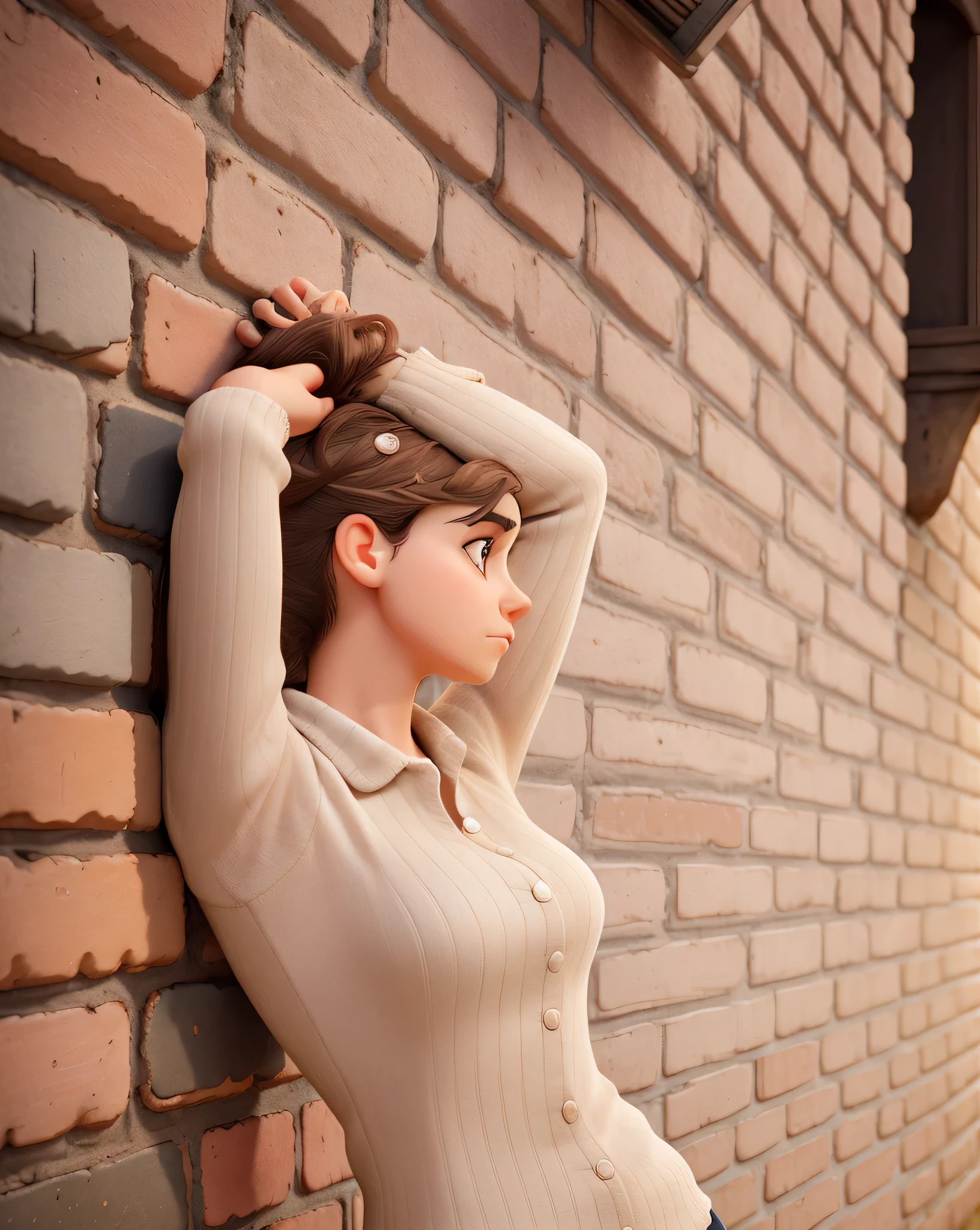arafed woman leaning against a brick wall with her hands on her head, leaning against the wall, leaning on the wall, waiting behind a wall, thoughtful pose, dramatic serious pose, on a wall, casual photography, infp young woman, casual pose, young sensual woman, relaxed pose, hiding behind a brick wall, sophisticated young woman, in an alleyHD, (Best Detail), (Best Quality), Disney,