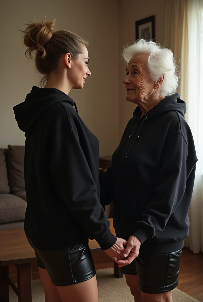 black woman hair in a bun black hoodie black leather short shorts getting fucked in the ass by a old age white grandma in a dress in a living room