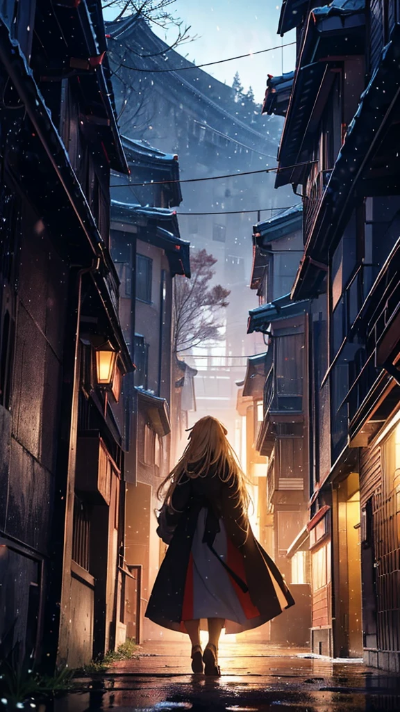 １people々々々々々々々々々々々々々々々々々々々,Blonde long-haired woman，Long coat， Dress Silhouette， Rear View， Anime Style,evening， In a row of ginkgo trees，night，light up，