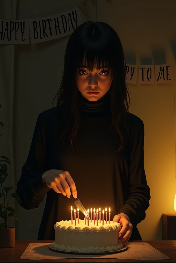 The women celebrate his birthday (alone) and his cutting his birthday cake with small knife and hia face full of sadness and his background banner like a " haply birthday to me" and his waring a black dress and covered neck and full sleeve and long hair in a dark room with some warn yellow light. And on the cake 20 later number candles 