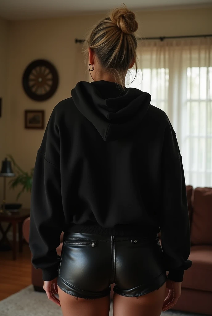 black woman hair in a bun black hoodie black leather short shorts getting fucked in the ass by a old age white grandma in a dress in a living room
