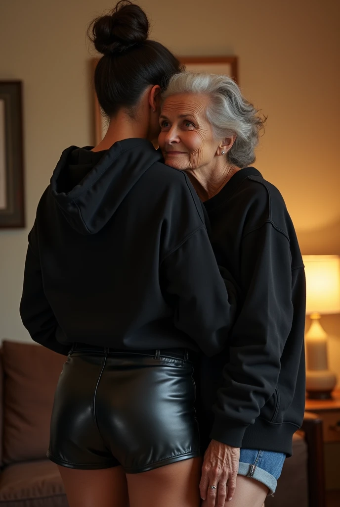 black woman hair in a bun black hoodie black leather short shorts getting fucked in the ass by a old age white grandma in a dress in a living room