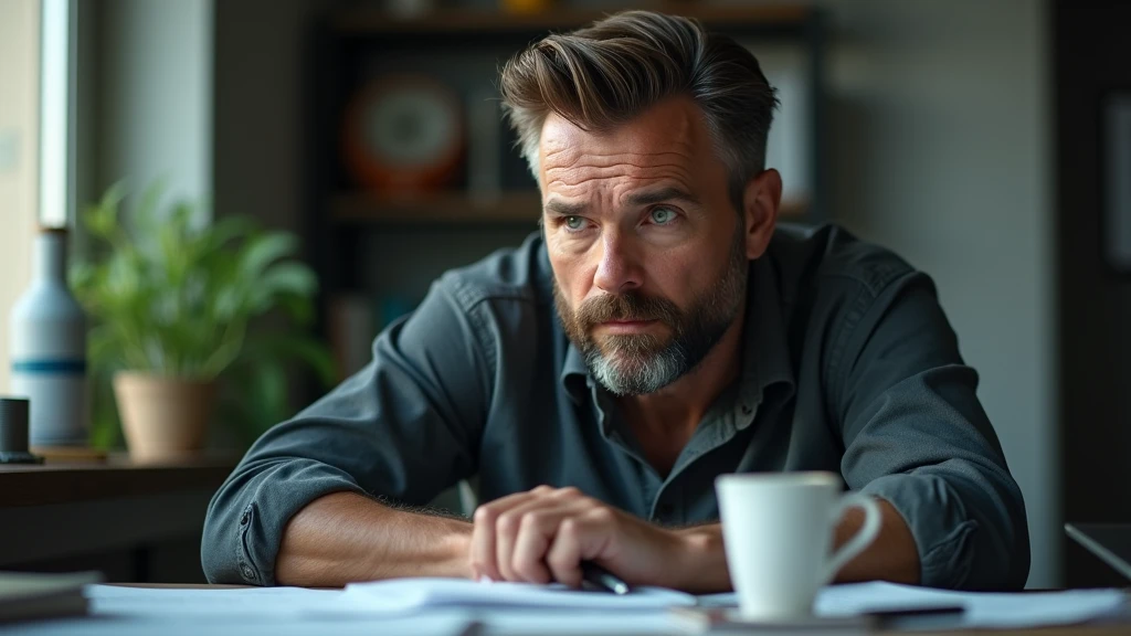 Ultra-realistic portrait of a man in his 40s. He has brown hair with a few white strands, a neatly trimmed beard and green eyes that reflect concentration and concern. His face is well defined, and his expression suggests reflection and resolution. The portrait should be from the waist up. He is wearing a casual shirt.

The man is sitting at a desk, with documents spread out in front of him. The environment should include elements such as a pen and a cup of coffee, but should be blurred so as not to distract from the main subject.

The lighting should be soft and natural, with morning light coming in from a window, creating subtle shadows that accentuate the man's expression of concentration. The light should highlight the green eyes and the texture of the skin, emphasizing the seriousness of the situation.

The image should convey a sense of determination and tension, with a touch of urgency. Suggest a neutral color palette, such as greys and blues, that complements the atmosphere of the morning.

The photo should be of high quality, with 8k rendering and extreme detail, capturing the emotional essence of the moment.